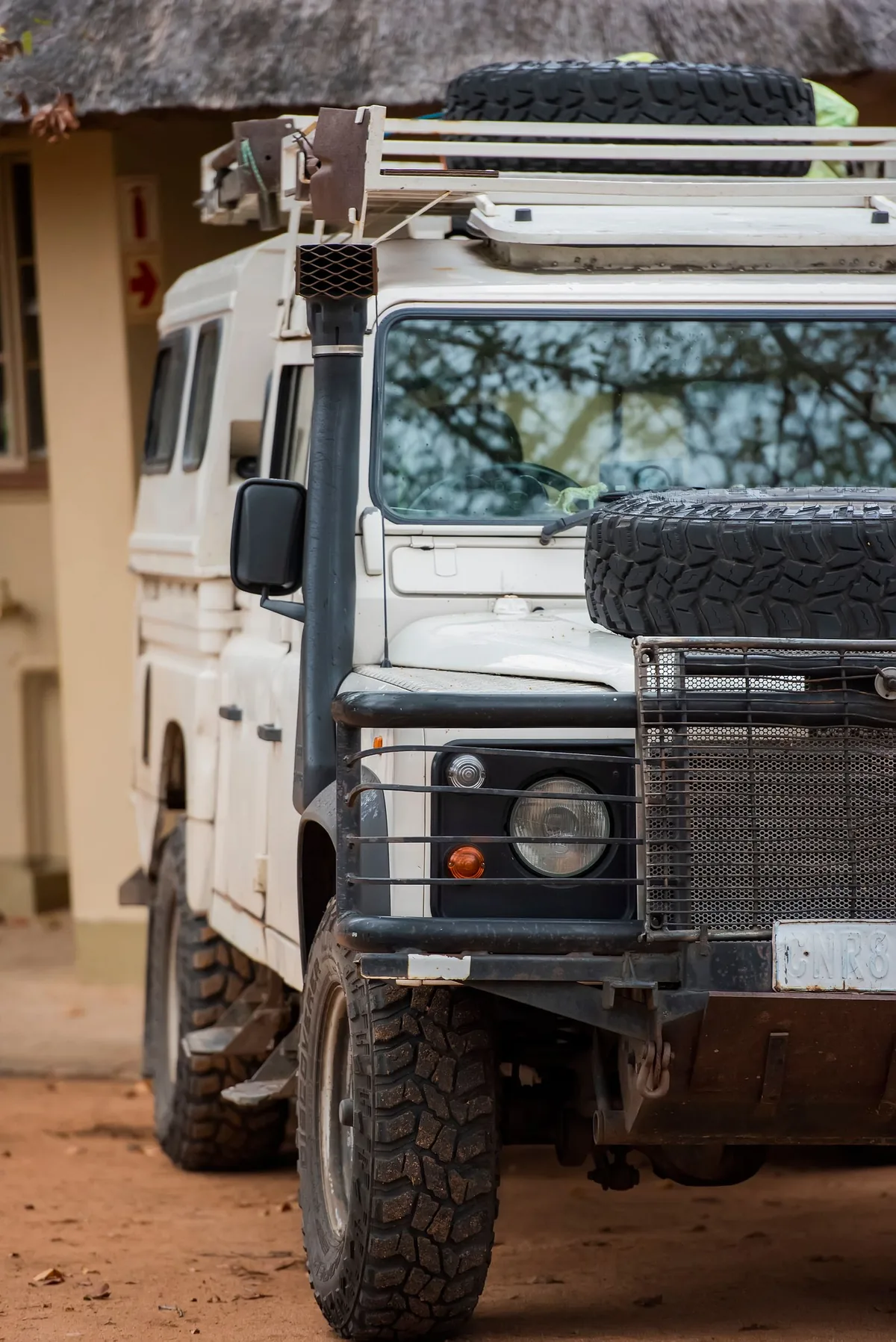 Close-up of a South African Land Rover with off-road tyres and snorkel